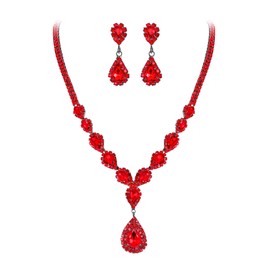 BriLove Wedding Jewelry Bridal Necklace Earrings Set for Women CZ Crystal Teardrop Infinity Y-Necklace Dangle Earrings Set Red Black-Silver-Tone