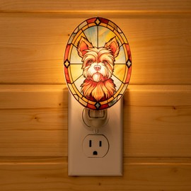VOUWOWOX Yorkshire Terrier Dog Night Light Stained Glass Style Pet Décor for Dog Lovers Plug in Wall Animal Nightlight for Bathroom Bedroom Hallway Gift for Yorkie Owners
