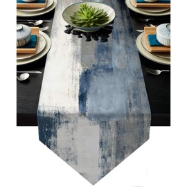 Blue and Grey Abstract Modern Art Table Runner 13x108 Inch, Farmhouse Style Linen for Home Kitchen Dining Holiday Wedding Party Decoration