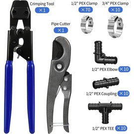 PEX Cinch Clamp Tool Kit, Including 30pcs 1/2" PPSU PEX Fittings, 70pcs 1/2" PEX Cinch Clamps, 10pcs 3/4" PEX Cinch Clamps, 1pcs PEX Pipe Clamp Cinch Tool and 1pcs Pipe Cutter