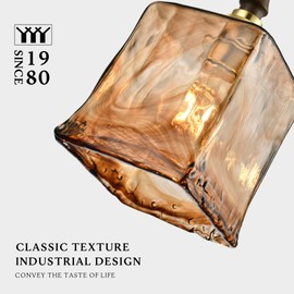LUXWELL Modern Amber Glass Pendant Light, 5.25"x11.7" Elongated Hanging Fixture with Wood Grip & Brass Accent, 15"-72" Adjustable Line, E26 Socket – Golden Amber Rectangular