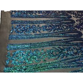 New Creations Fabric & Foam Inc GREEN IRIDESCENT CLASSIC SEQUIN DESIGN ON A 4 WAY STRETCH BLACK MESH-BY YARD.