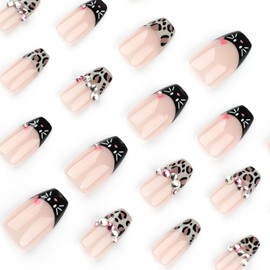 Rilafuvu Press on Nails Medium Ballerina Fake Nails Leopard French Tip Glue on Nails with Rhinestones Designs Acrylic Nails Cute Cat False Nails 24Pcs Coffin Stick on Nails for Women Girls