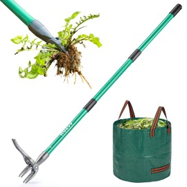 HUZSV Weed Puller Tool Gardening Hand Weeding Tool with Long Handle 4 Steel Claws and Collapsible Trash Can for Lawn and Garden,Easily Remove Weeds Without Bending, Pulling,or Kneeling
