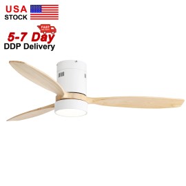 USA  Modern Design 52 Inch 3 Solid Wood Blade Smart Ceiling Fan With LED Light and Remote ControlColor: White 2, Emitting Color: 3 CCT, Lamp Power(W): 18
