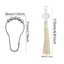 brandname Tassel Shower Curtain Hooks for Bathroom Decorative Rod Curtain, Set of 12 Stainless Steel Rust Proof Rings with Lotus Tassels Modern Farmhouse Boho Themed Decor(Off-White)