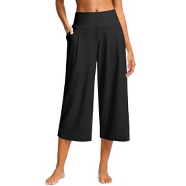 SANTINY Capri Pants for Women Wide Leg Yoga Casual Cropped Pants with Pockets Loose Tummy Control High Waist Capris (Black_XXL)