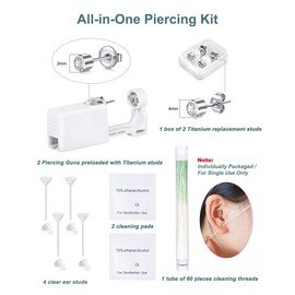 15pcs G23 Titanium Ear Piercing Kit 4mm Ball, Self Piercing Gun with Extra G23 Earring Studs Professional Home Piercing Set with 60Pcs Ear Cleaning Floss 8 Ear Covers- Hypoallergenic & Safe