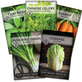 Sow Right Seeds - Asian Garden Seeds for Planting - Individaul Packets of Thai Basil, Chinese Celery, Japanese Bunching Onion, Michihili Cabbage, and Kuroda Carrot to Plant, Non-GMO Heirloom