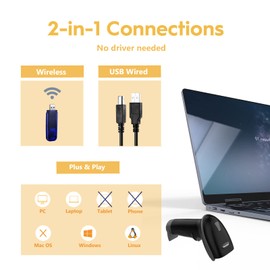 NADAMOO Wireless Barcode Scanner 328 Feet Transmission Distance USB Cordless 1D Laser Automatic Barcode Reader Handhold Bar Code Scanner with USB Receiver for Store, Supermarket, Warehouse - Black