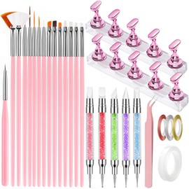 35 Pcs Nail Art Tools, 15 PCS Nail Art Brush, 10 PCS Nail Stand, 5 PCS Dual Tipped Nail Dotting Tool and Sculpture Pen, Nail Striping Tape Lines, Double Sided Tape and Tweezers Nail Design DIY