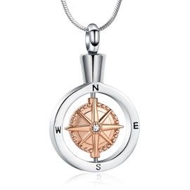 Minicremation Compass Locket Urn Necklace for Ashes Funeral Cremation Jewelry Stainless Steel Keepsake Pendant Necklace for Women Men(Rose Gold)