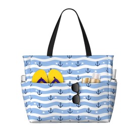 Owlfder Large Beach Bag for Women Anchor Star Wave Pattern Waterproof Blue Travel Shoulder Tote Bag with Pocket for Weekender Pool Vacation