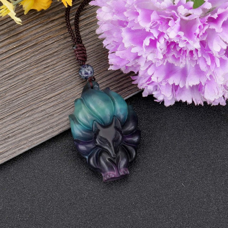 MANIFO Natural Crystal Gemstone Fox Pendant Necklace with Adjustable Woven