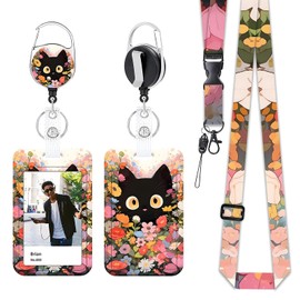 Yistoi ID Card Holder with Strap, Retractable Key Fob Badge Holder, Removable Lanyard with ID Card Holder Set for Teachers, Doctors and Students, (Flower and Black Cat)