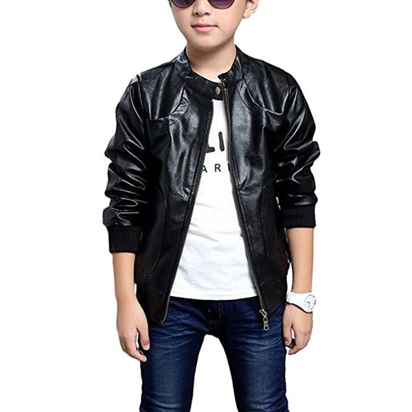 Chinaface Boy's Trendy Stand-Collar PU Leather Spring Moto Jacket Black, 7/8T