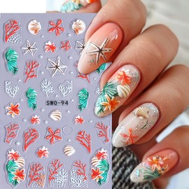 2 Sheets Summer Ocean Nail Art Stickers Ocean Shells Starfish Marine Animal Nail Stickers 3D Self-Adhesive Nail Decals for Women DIY Holiday Manicure Decoration Supplies