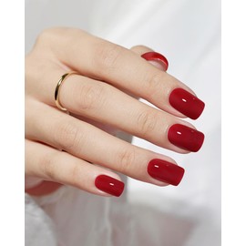 24 Pcs Short Square Press On Nails with Jelly Glue,Reusable Soft Gel Fake Nails Kit for Women and Girls with Feature Protective UV Coating DIY,Glory Red Nails Press Ons