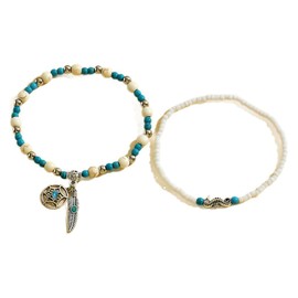 Dishowme Turquoise Shell Feather Anklet Bracelet Bohemian Moon Star Conch Foot Chain Hawaii Puka Wax Rope Beads Summer Beach Barefoot Sandal Jewelry for Women (Style B)