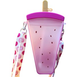 YunQin 320ml Plastic Water Bottles, 4 Colors Cute Watermelon Ice Cream Water Bottle with Straw, Anti-Fall Portable Popsicle Shape Water Cup for Girls (Purple)