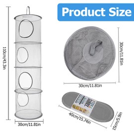 Hanging Mesh Storage, 2Pcs Hanging Toy Storage Net, Foldable Soft Toy Storage ,4 Tier Compartments Foldable Hanging Soft Toy Storage Basket for Cuddly Toys Clothes Sundries 110 x 30cm Grey