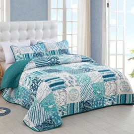 Dinjoy Summer Nautical Ocean Quilt Set King Size, Beige Blue Green Beach Coastal Themed Bedding Set Retro Anchor Sailboat Pattern Microfiber Lightweight Bedspread Coverlet Bed Set (104x90 Inch)