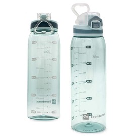 Teentumn 30oz Sport Water Bottle with Time Markers, Large Durable Gym Clear Plastic Bottle Tritan BPA Free for Fitness, Outdoor Enthusiasts, Leakproof Green