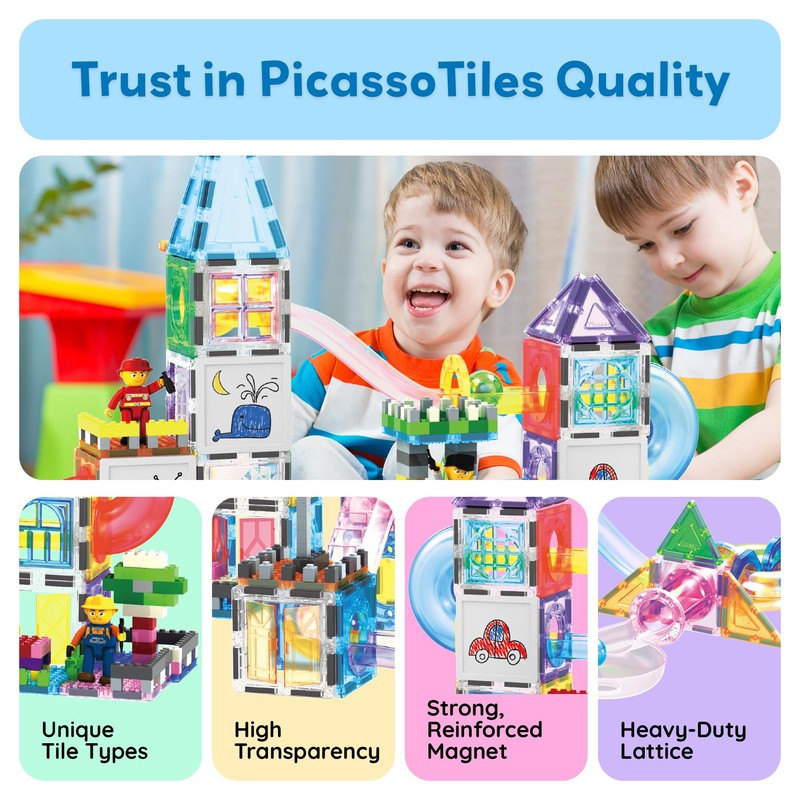 PicassoTiles 700 piece Marble Run Magnetic Tiles and Brick Combo
