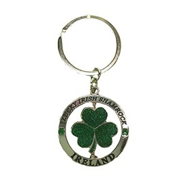Metal Spinner Keychain With Green Glitter Lucky Shamrock