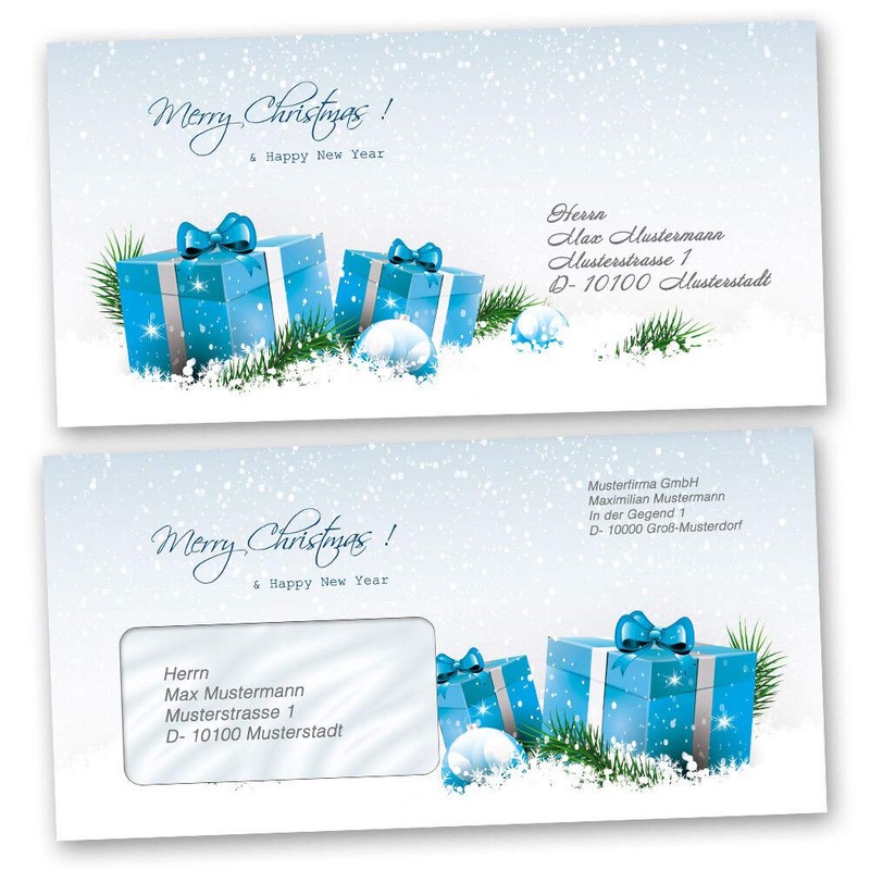 Paper-Media Christmas Envelopes with Window Blue Christmas Gifts DIN Long