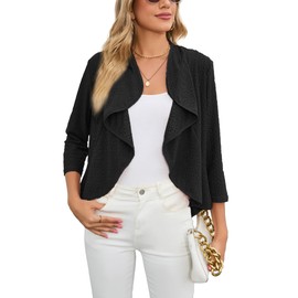 Famulily Ladies Summer Cardigans UK Eyelet 3/4 Sleeve Open Front Cardigan Lightweight Ruffle Outwear (M, Black)
