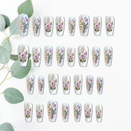 KTAABTR 24pcs Flowers Press on Nails Long Almond Nails Spring Flowers Fake Nails with Glue Peony Flower Green Leaf Acrylic Nails Design Reusable Plant False Nails Stick on Nails for Women Girls