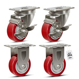 NINOSO 3" Caster Wheels, Stainless Steel Casters Set of 4 Heavy Duty, Anti-Corrosion Polyurethane Industrial Caster Wheels for Cart (2 Brake& 2 Rigid)