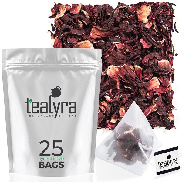 Tealyra - Pure Hibiscus Herbal Tea - 25 Bags - Loose Leaf - Organically Grown - Vitamins Rich Tea - Caffeine Free - Pyramids Style Sachets