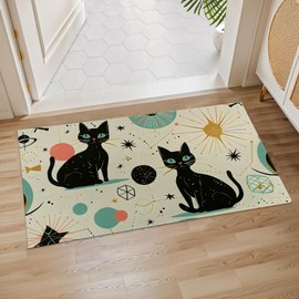 Black Cat Indoor Door Mat, 17x29.5 Inch, Floor Area Rug for Entryway, Living Room, or Bathroom, Non-Slip Doormat, Mystical Celestial Stars and Moons Design Home Decor Rug Gifts