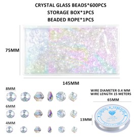 600 Crystal Glass Beads with 1 Roll of Beading Cord, 4/6/8mm Threading Beads, Faceted Dazzling Glass Beads, Craft Beads for Bracelet Beads, DIY Necklaces Earrings Jewellery Etc.