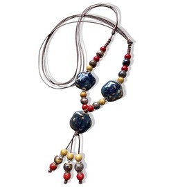 Fuvirou Boho Hippie Colorful Chunky Ceramic Beads Strand Necklace for Women, Vintage Bohemian O Ring Circle Charm Long Y Necklace Statement Jewelry Gift (Ceramic necklace-3)