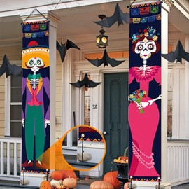 JUGLUTE Decoracion Halloween 180 * 30cm Decoracion de Porche, Hombres y Mujeres Esqueleto Bandera Colgante con Luces para Exterior, Adornos Halloween, Luces Halloween Exterior (Verde y rosa, 180*30cm)