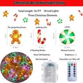 Kaszmwin Christmas Lights Indoor Decorations 16.7Ft 50 LED Gingerbread Man Candy Crutches Lights Battery Powered Christmas Light Outdoor for Holiday Party Bedroom Courtyard Indoor Xmas Decoration