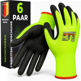 MK-Glove Men's Reflective Work Gloves with Rough Latex Coating (6 Pairs) - Protective Gloves for Construction Site and Workshop - Durable Gardening Gloves - 8 - M - Neon