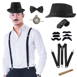 JOPHEK 20er Jahre Accessoires Herren, Mafia Kostüm Herren, Peaky Blinders Kostüm, Gangster Kostüm Herren mit Panama Gangster Hut Verstellbar Hosenträger Taschenuhr Fliege Krawatten Bärte für Karneval Partys