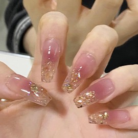 24Pcs False Nails - 3D Diamond False Nails with Glue - French Diamond Glitter Full Cover Stick on Nails - Shiny Long Coffin Shape Luxury Design Fake Nails for Women Girls