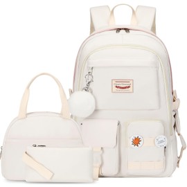 Classic Diamond School Backpack for Girls with Lunch Box Cute Backpacks for Girls Backpack Bookbag Backpacks for Teens (White)