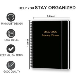 Monthly Planner 2025-2026 – Monthly Calendar from July 2025 to December 2026, 18 Month Planner with Spiral Binding, Inner Pocket, Elastic Closure, 8.5" x 11", Black