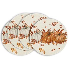 Artoid Mode - Juego de 4 manteles individuales redondos de 4 unidades, diseño de búfalo a cuadros, diseño de calabazas, hojas de otoño, para decoración de comedor
