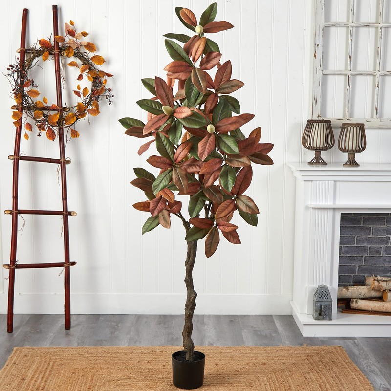Nearly Natural 6ft. Fall Magnolia Artificial Tree, Brown, Plastic, Iron