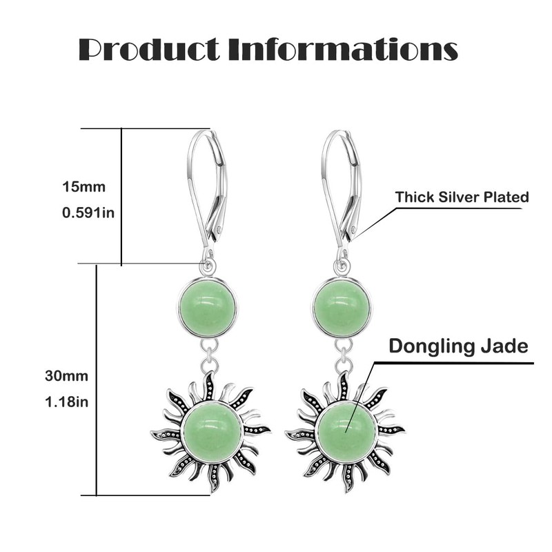 Natural Green Dongling Jade Stone Sun Dangle Earrings,Silver Round Oval