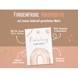 Regenbogen Einladungskarten Kindergeburtstag | DIN A6 | Partyeinladungen | Boho-Party | Geburtstagsparty | Einladungen für Kinder Mädchen (10er-Set)