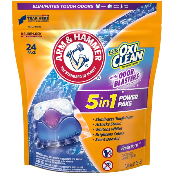 Arm & Hammer Plus Oxiclean with Odor Blasters, 5-in-1 Power Paks, 24 Count
