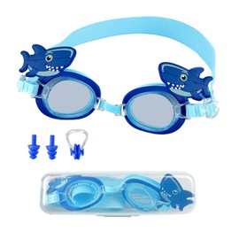 UHDS Swimming Goggles for Children, Shark, Comfortable Swimming Goggles UV Protection, Anti-Fog Coating, Diving Goggles for Girls Boys Age 3-12 Years with Nose Clips, Ear Plugs and Glasses Box